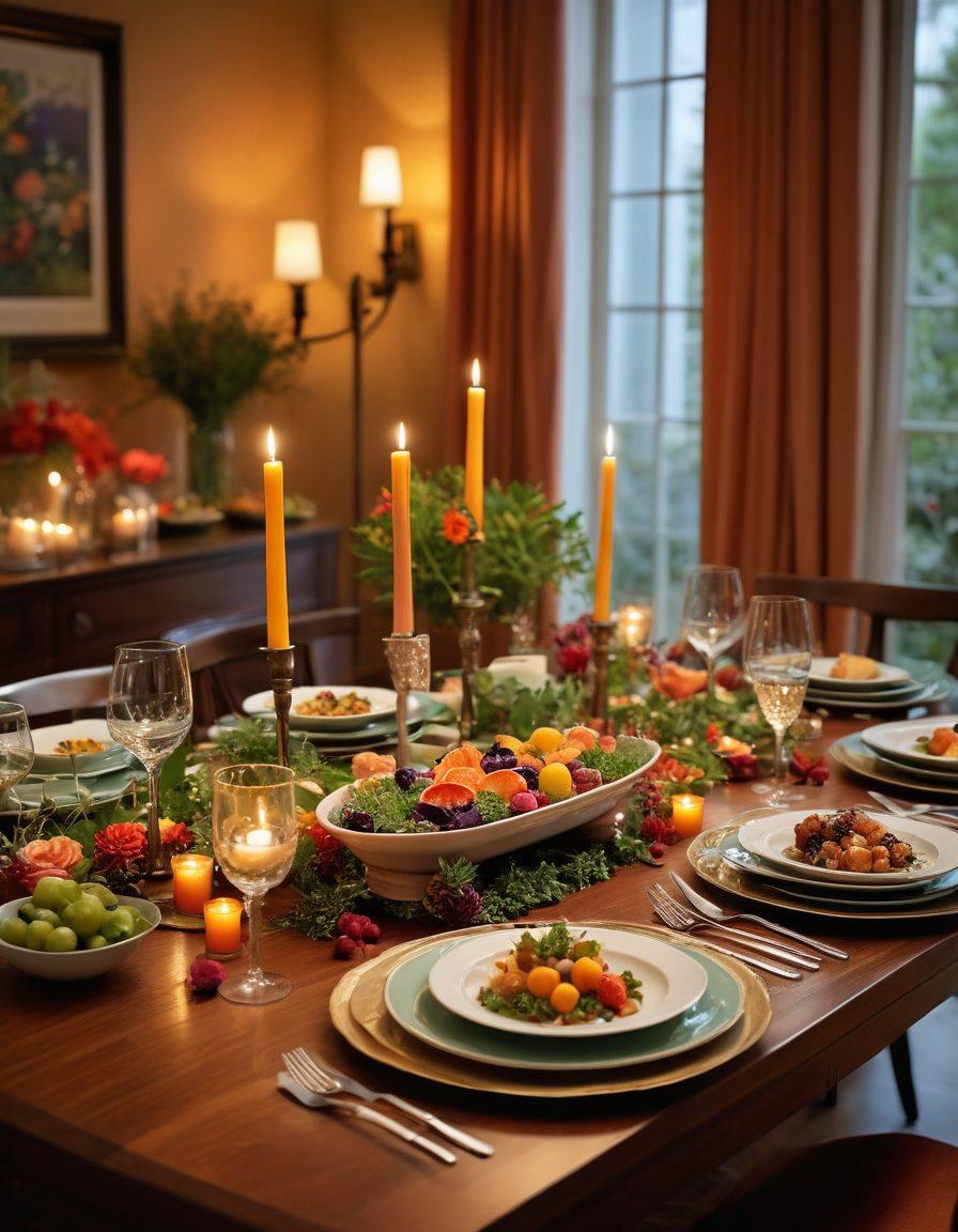 A beautifully arranged dining table featuring an array of colorful dishes, including appetizers, main courses, and desserts, set against a warm, inviting backdrop. Soft candlelight and elegant tableware enhance the sophisticated dining experience. Fresh herbs and flowers add a touch of vibrancy to the scene. super-realistic. warm tones. elegant ambiance.