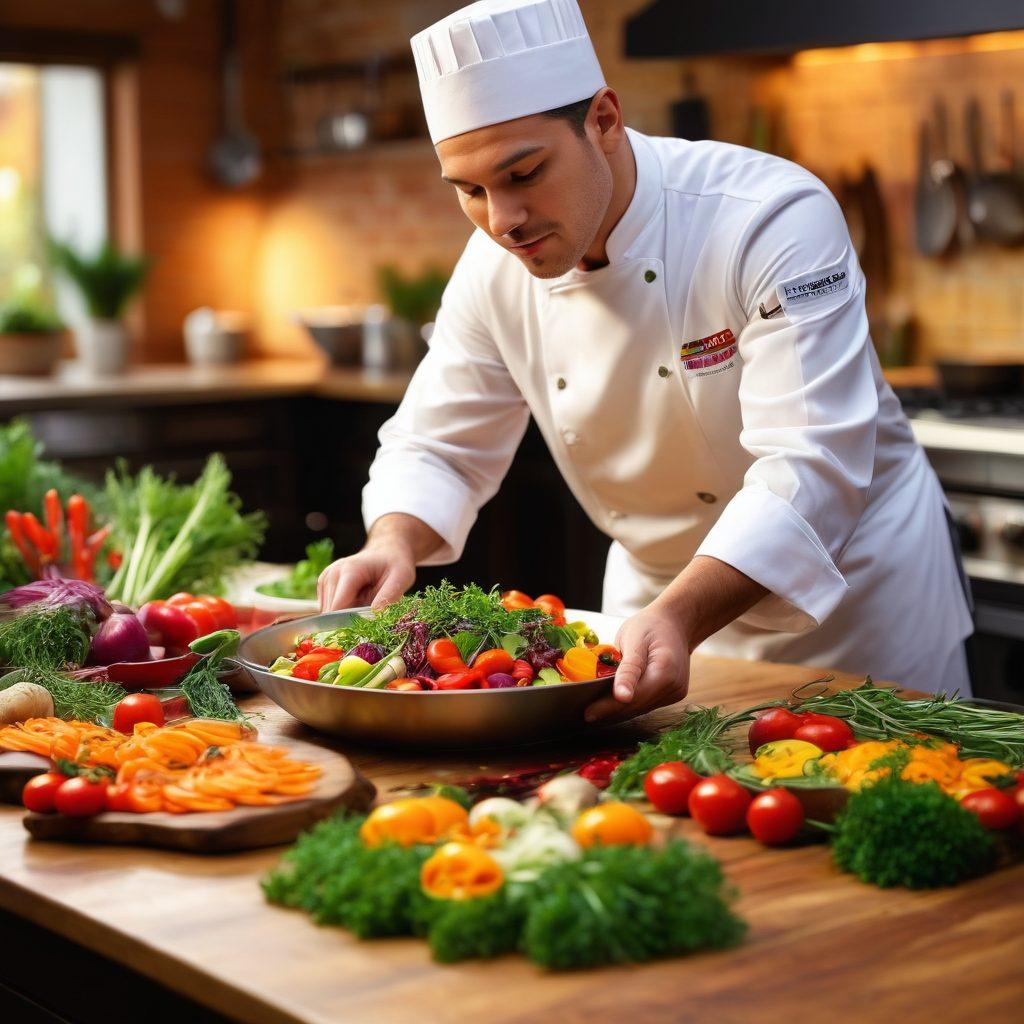 A vibrant kitchen scene with a chef skillfully plating an exquisite dish, showcasing a burst of colorful ingredients like fresh herbs, vibrant vegetables, and sauces. The table is elegantly set, with attention on the artistry of food presentation. Bright lighting illuminates the dish, emphasizing the ecstatic flavors and textures. Background hints of culinary tools and a cozy atmosphere enhance the experience. super-realistic. vibrant colors. warm lighting.